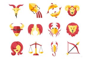 Símbolos dos signos do zodíaco em amarelo e vermelho sob fundo branco