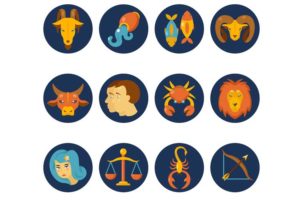 Símbolos do horóscopo coloridos estão sobre círculos azuis