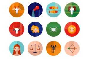 Símbolos do horóscopo estão sobre círculos coloridos
